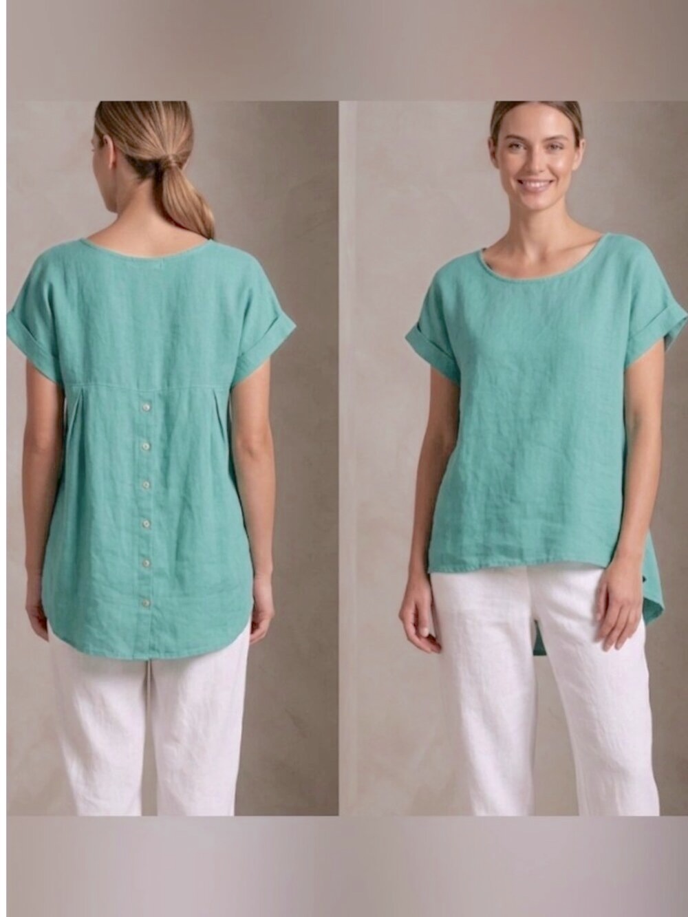 Terzo Millennio Blouse Tunic Top Small Aqua Short Sleeve Linen Relaxed Hi-Low